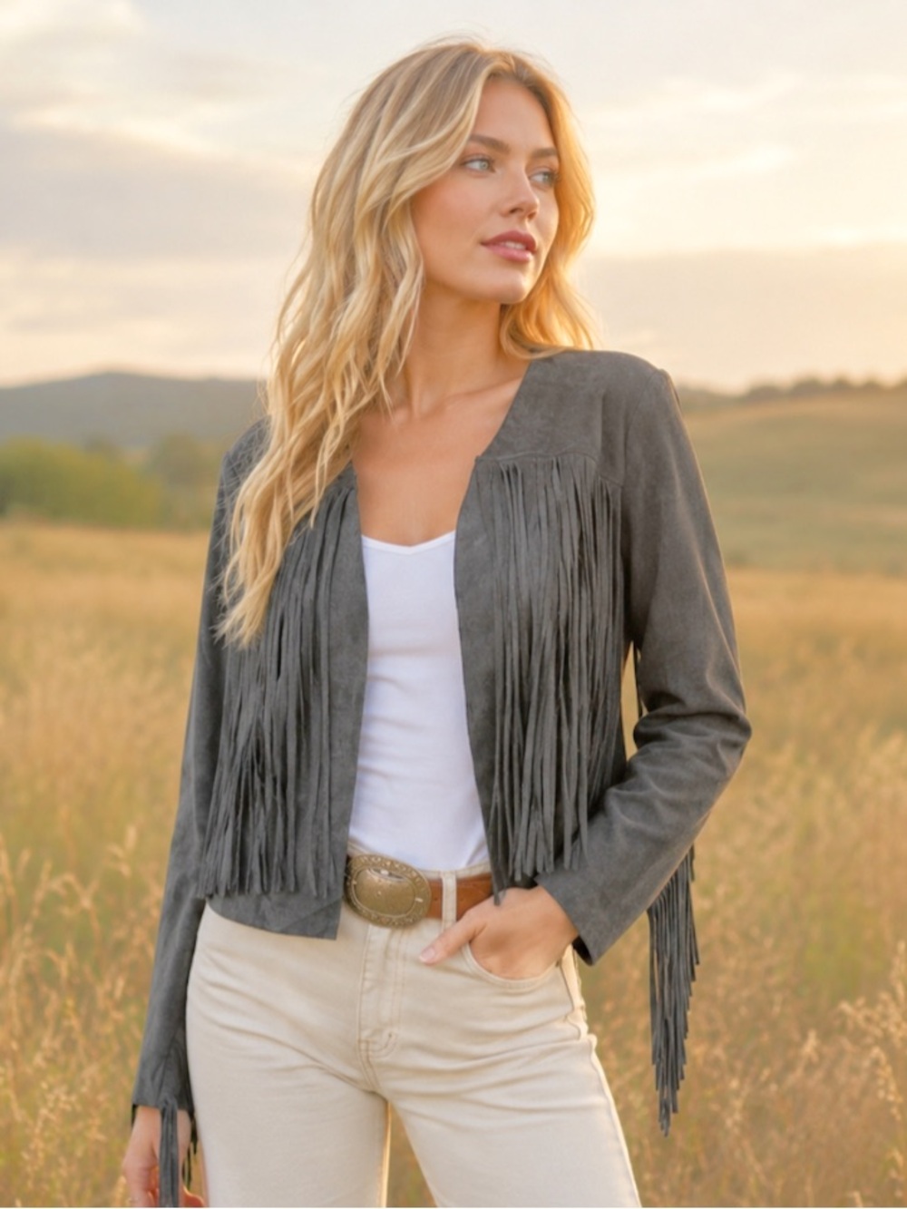 NWT Mustang Sally Dark Gray Open Front Fringe Jacket